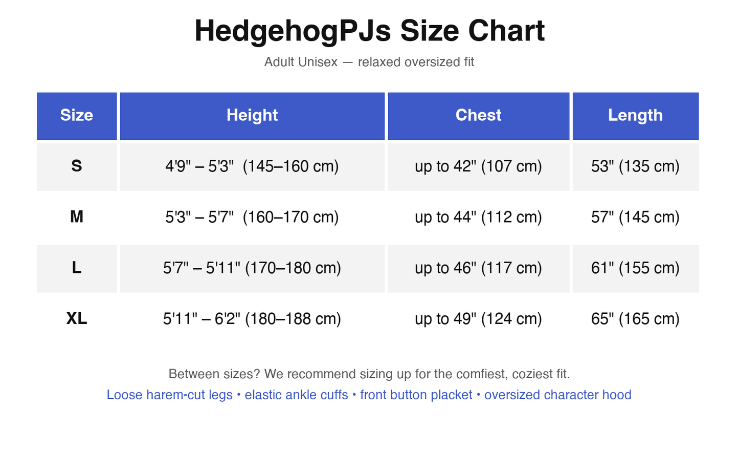 HedgehogPJs adult size chart