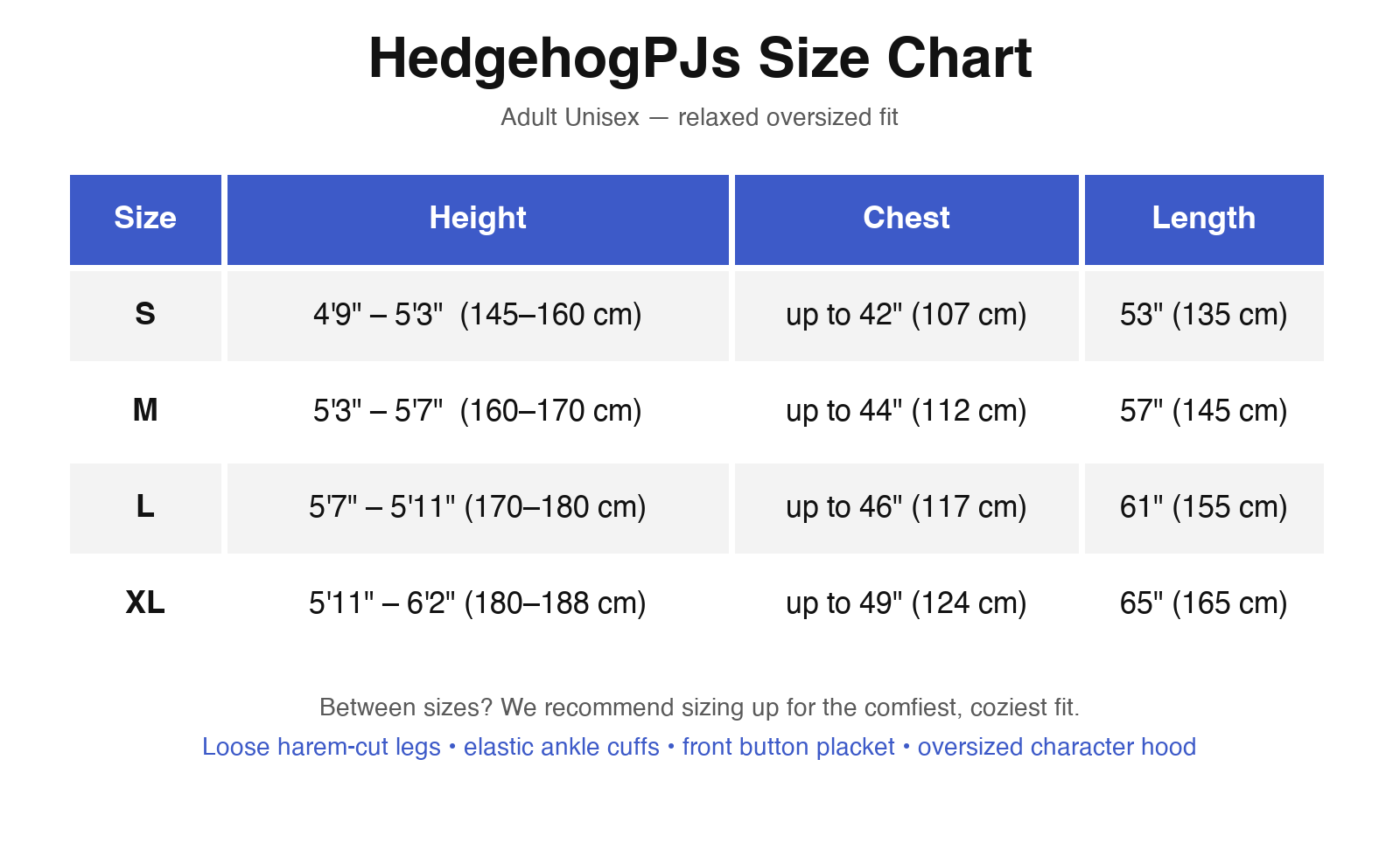 HedgehogPJs adult size chart